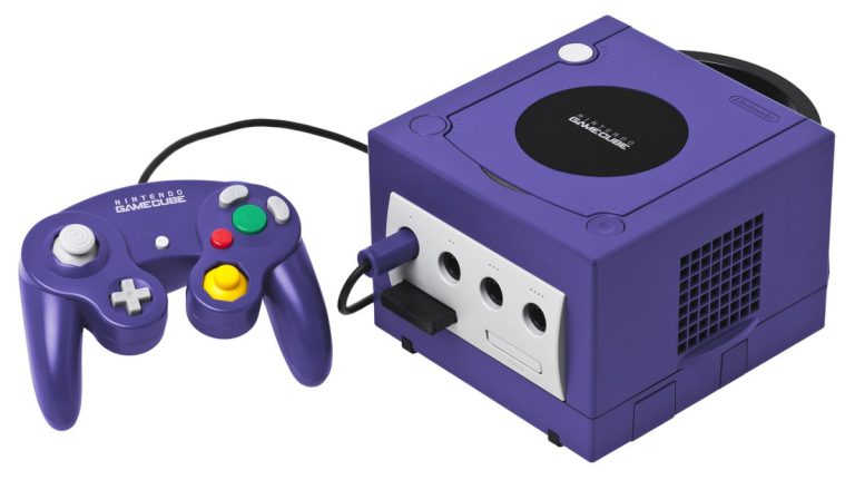 gamecube video game console on white background